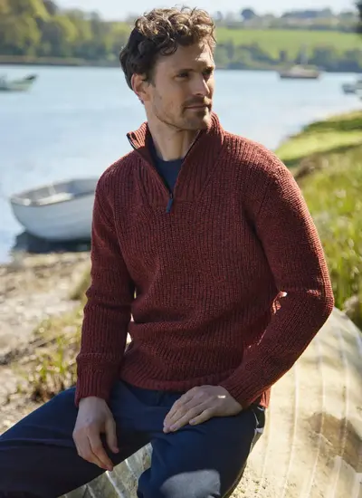Orange Red Regular Fit Ribbed Virgin Wool Zip Neck Troyer Sweater in Sable Marl